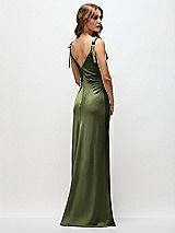 Rear View Thumbnail - Olive Green Soft Cowl Neck Ruched Side Satin Bias Maxi Dress with Shoulder Bows