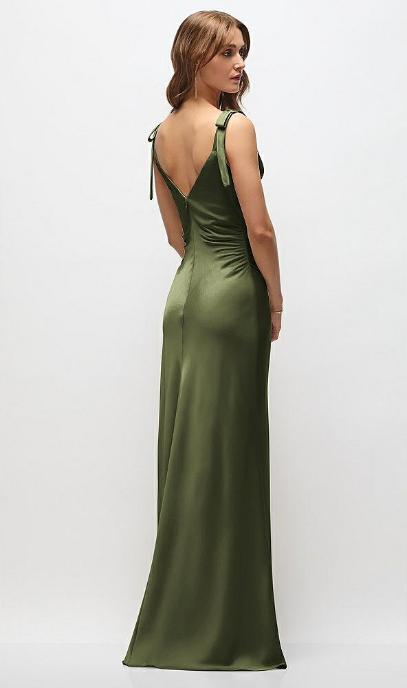 Back View - Olive Green Soft Cowl Neck Ruched Side Satin Bias Maxi Dress with Shoulder Bows