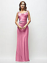 Side View Thumbnail - Orchid Pink Soft Cowl Neck Ruched Side Satin Bias Maxi Dress with Shoulder Bows