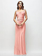 Side View Thumbnail - Rose Soft Cowl Neck Ruched Side Satin Bias Maxi Dress with Shoulder Bows