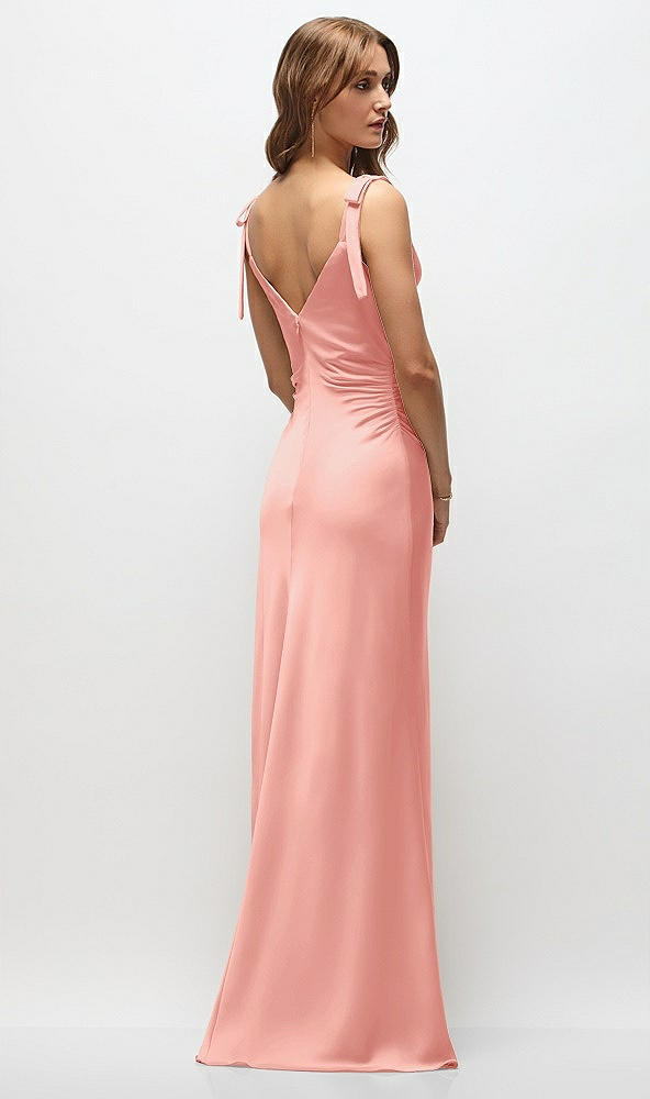Back View - Rose Soft Cowl Neck Ruched Side Satin Bias Maxi Dress with Shoulder Bows