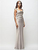 Front View Thumbnail - Taupe Soft Cowl Neck Ruched Side Satin Bias Maxi Dress with Shoulder Bows
