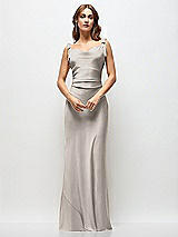 Side View Thumbnail - Taupe Soft Cowl Neck Ruched Side Satin Bias Maxi Dress with Shoulder Bows