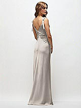 Rear View Thumbnail - Taupe Soft Cowl Neck Ruched Side Satin Bias Maxi Dress with Shoulder Bows