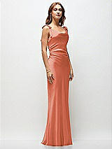 Front View Thumbnail - Terracotta Copper Soft Cowl Neck Ruched Side Satin Bias Maxi Dress with Shoulder Bows