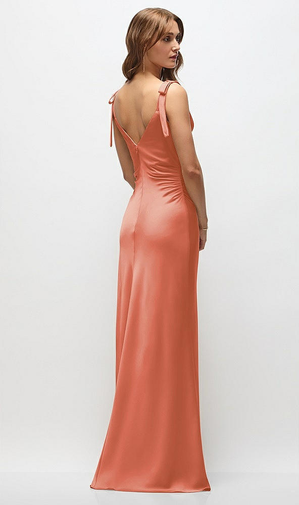 Back View - Terracotta Copper Soft Cowl Neck Ruched Side Satin Bias Maxi Dress with Shoulder Bows