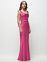 Front View Thumbnail - Tea Rose Soft Cowl Neck Ruched Side Satin Bias Maxi Dress with Shoulder Bows