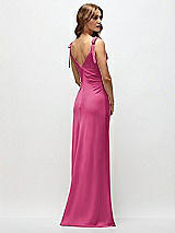 Rear View Thumbnail - Tea Rose Soft Cowl Neck Ruched Side Satin Bias Maxi Dress with Shoulder Bows