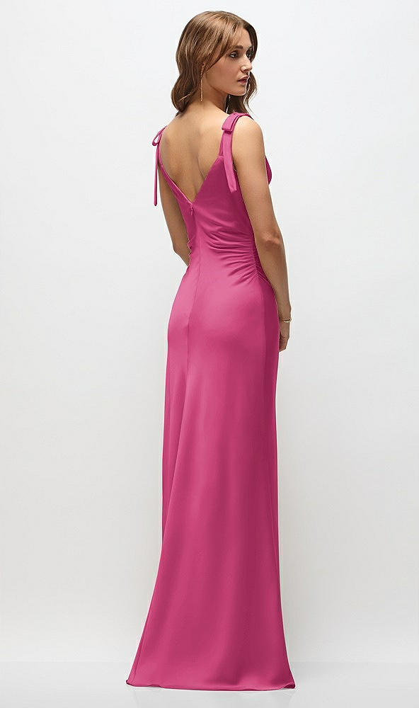 Back View - Tea Rose Soft Cowl Neck Ruched Side Satin Bias Maxi Dress with Shoulder Bows