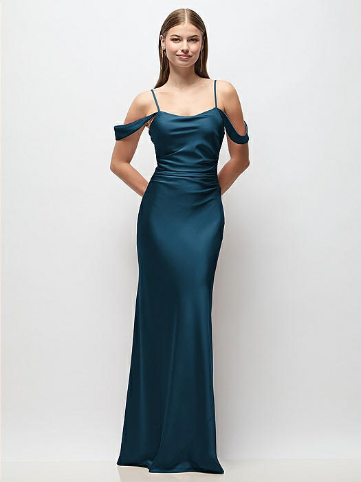 Off-the-Shoulder Swag Ruched Side Satin Bias Maxi Dress with Adjustable Spaghetti Straps