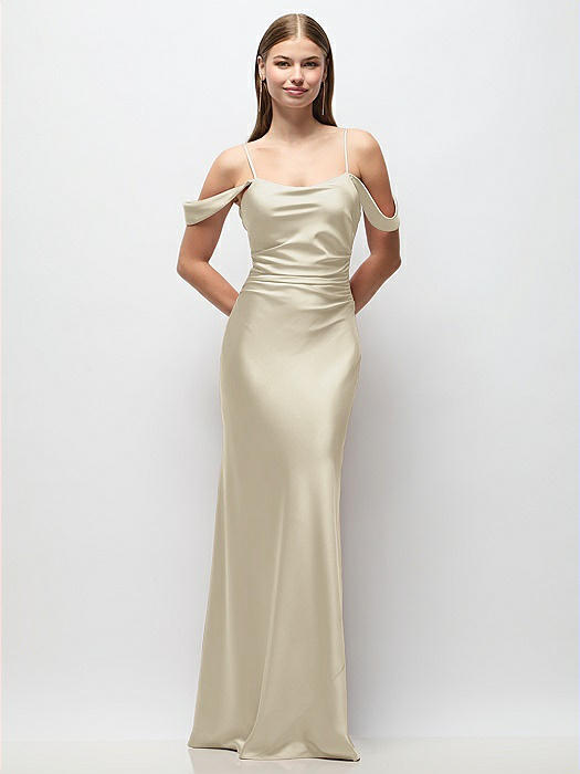 Off-the-Shoulder Swag Ruched Side Satin Bias Maxi Dress with Adjustable Spaghetti Straps