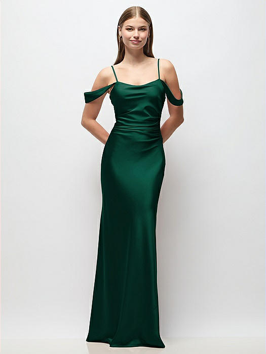 Off-the-Shoulder Swag Ruched Side Satin Bias Maxi Dress with Adjustable Spaghetti Straps