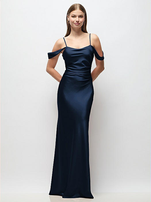 Off-the-Shoulder Swag Ruched Side Satin Bias Maxi Dress with Adjustable Spaghetti Straps
