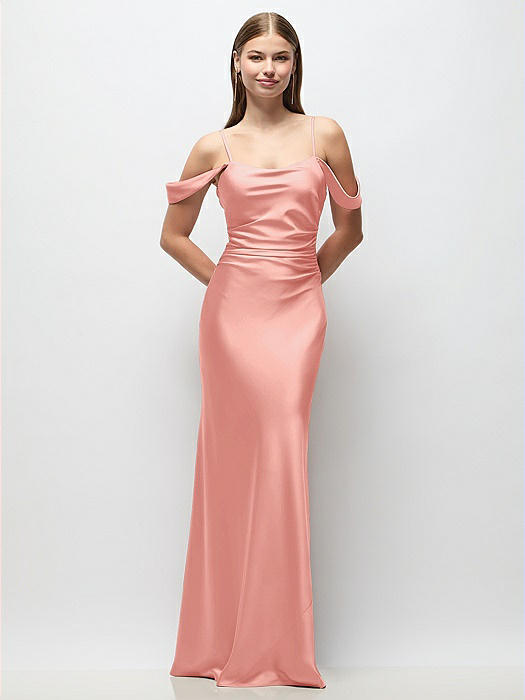 Off-the-Shoulder Swag Ruched Side Satin Bias Maxi Dress with Adjustable Spaghetti Straps