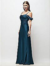 Side View Thumbnail - Atlantic Blue Off-the-Shoulder Swag Ruched Side Satin Bias Maxi Dress with Adjustable Spaghetti Straps