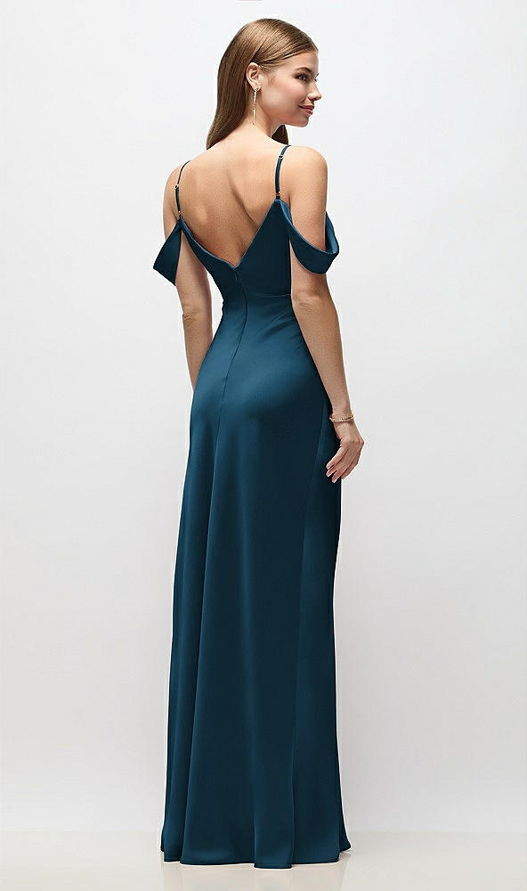 Back View - Atlantic Blue Off-the-Shoulder Swag Ruched Side Satin Bias Maxi Dress with Adjustable Spaghetti Straps