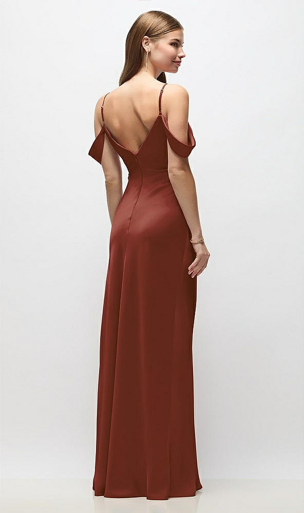 Back View - Auburn Moon Off-the-Shoulder Swag Ruched Side Satin Bias Maxi Dress with Adjustable Spaghetti Straps