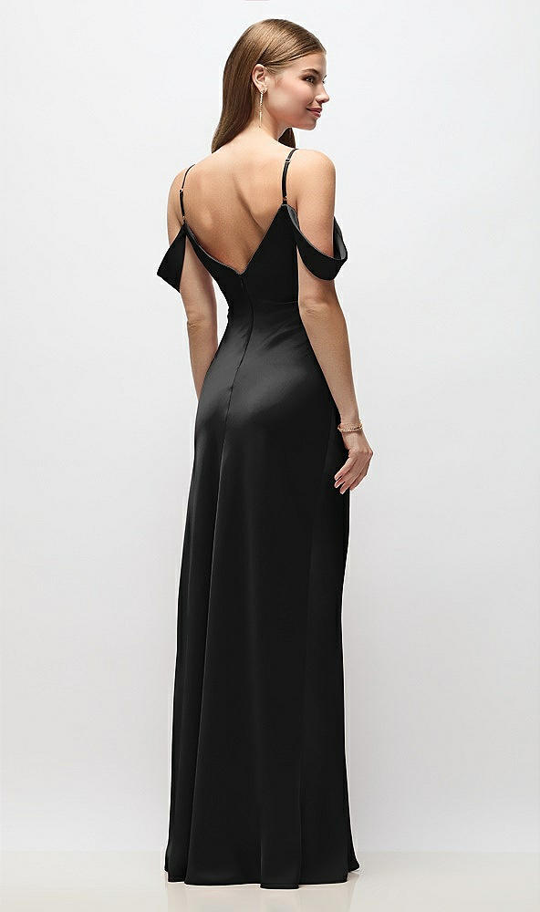 Back View - Black Off-the-Shoulder Swag Ruched Side Satin Bias Maxi Dress with Adjustable Spaghetti Straps