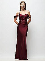 Front View Thumbnail - Cabernet Off-the-Shoulder Swag Ruched Side Satin Bias Maxi Dress with Adjustable Spaghetti Straps