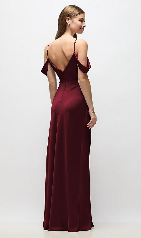 Back View - Cabernet Off-the-Shoulder Swag Ruched Side Satin Bias Maxi Dress with Adjustable Spaghetti Straps