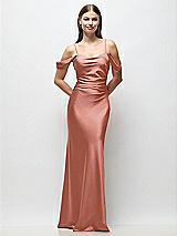Front View Thumbnail - Desert Rose Off-the-Shoulder Swag Ruched Side Satin Bias Maxi Dress with Adjustable Spaghetti Straps