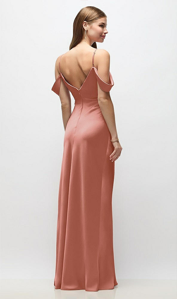 Back View - Desert Rose Off-the-Shoulder Swag Ruched Side Satin Bias Maxi Dress with Adjustable Spaghetti Straps