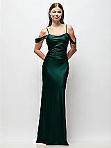 Front View Thumbnail - Evergreen Off-the-Shoulder Swag Ruched Side Satin Bias Maxi Dress with Adjustable Spaghetti Straps