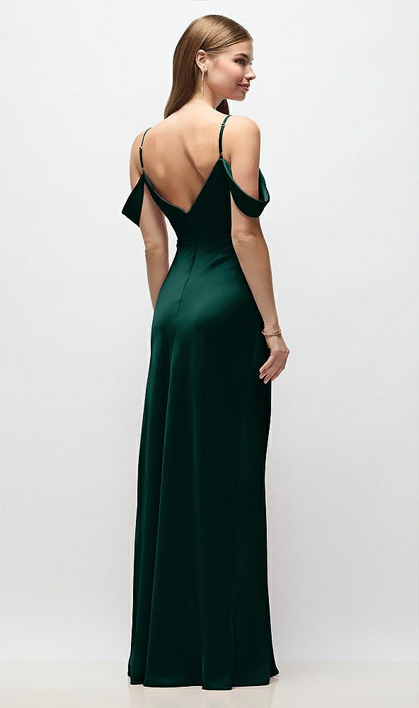 Back View - Evergreen Off-the-Shoulder Swag Ruched Side Satin Bias Maxi Dress with Adjustable Spaghetti Straps