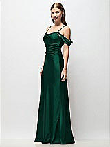 Side View Thumbnail - Hunter Green Off-the-Shoulder Swag Ruched Side Satin Bias Maxi Dress with Adjustable Spaghetti Straps