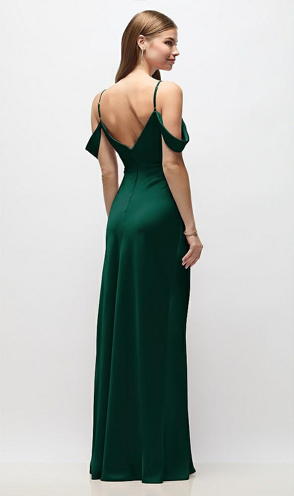 Back View - Hunter Green Off-the-Shoulder Swag Ruched Side Satin Bias Maxi Dress with Adjustable Spaghetti Straps