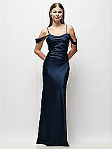 Front View Thumbnail - Midnight Navy Off-the-Shoulder Swag Ruched Side Satin Bias Maxi Dress with Adjustable Spaghetti Straps