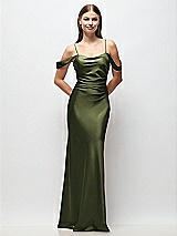 Front View Thumbnail - Olive Green Off-the-Shoulder Swag Ruched Side Satin Bias Maxi Dress with Adjustable Spaghetti Straps