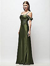 Side View Thumbnail - Olive Green Off-the-Shoulder Swag Ruched Side Satin Bias Maxi Dress with Adjustable Spaghetti Straps