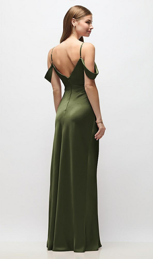 Back View - Olive Green Off-the-Shoulder Swag Ruched Side Satin Bias Maxi Dress with Adjustable Spaghetti Straps