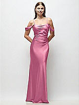 Front View Thumbnail - Orchid Pink Off-the-Shoulder Swag Ruched Side Satin Bias Maxi Dress with Adjustable Spaghetti Straps