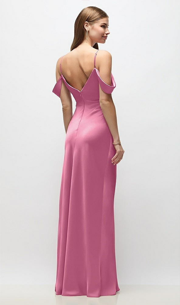 Back View - Orchid Pink Off-the-Shoulder Swag Ruched Side Satin Bias Maxi Dress with Adjustable Spaghetti Straps