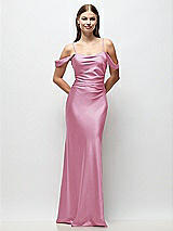 Front View Thumbnail - Powder Pink Off-the-Shoulder Swag Ruched Side Satin Bias Maxi Dress with Adjustable Spaghetti Straps