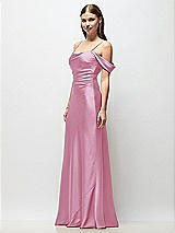 Side View Thumbnail - Powder Pink Off-the-Shoulder Swag Ruched Side Satin Bias Maxi Dress with Adjustable Spaghetti Straps