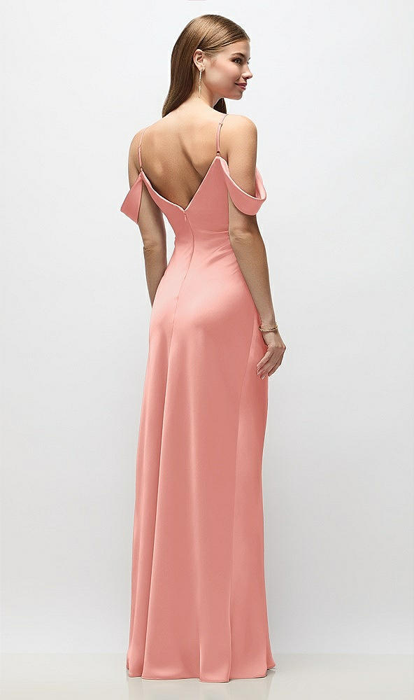 Back View - Rose Off-the-Shoulder Swag Ruched Side Satin Bias Maxi Dress with Adjustable Spaghetti Straps