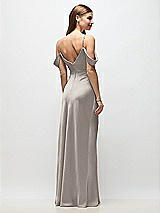 Rear View Thumbnail - Taupe Off-the-Shoulder Swag Ruched Side Satin Bias Maxi Dress with Adjustable Spaghetti Straps