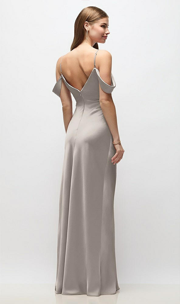 Back View - Taupe Off-the-Shoulder Swag Ruched Side Satin Bias Maxi Dress with Adjustable Spaghetti Straps