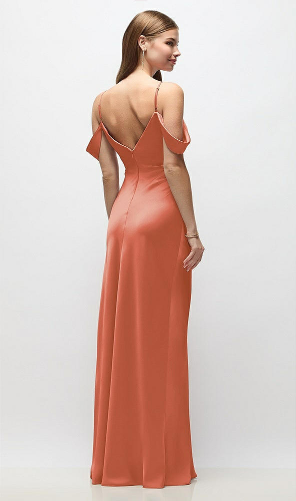 Back View - Terracotta Copper Off-the-Shoulder Swag Ruched Side Satin Bias Maxi Dress with Adjustable Spaghetti Straps