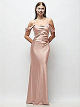 Front View Thumbnail - Toasted Sugar Off-the-Shoulder Swag Ruched Side Satin Bias Maxi Dress with Adjustable Spaghetti Straps