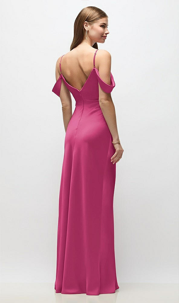Back View - Tea Rose Off-the-Shoulder Swag Ruched Side Satin Bias Maxi Dress with Adjustable Spaghetti Straps