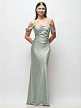 Front View Thumbnail - Willow Green Off-the-Shoulder Swag Ruched Side Satin Bias Maxi Dress with Adjustable Spaghetti Straps