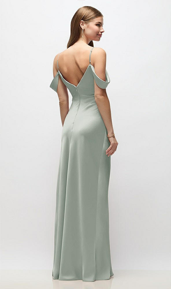 Back View - Willow Green Off-the-Shoulder Swag Ruched Side Satin Bias Maxi Dress with Adjustable Spaghetti Straps