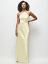 Front View Thumbnail - Butter Yellow High-Neck Halter Stretch Satin Maxi Dress with Bias A-line Skirt