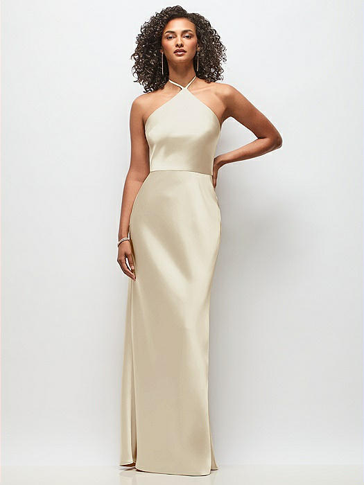 High-Neck Halter Stretch Satin Maxi Dress with Bias A-line Skirt