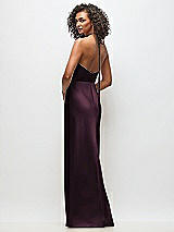 Rear View Thumbnail - Deep Plum High-Neck Halter Stretch Satin Maxi Dress with Bias A-line Skirt