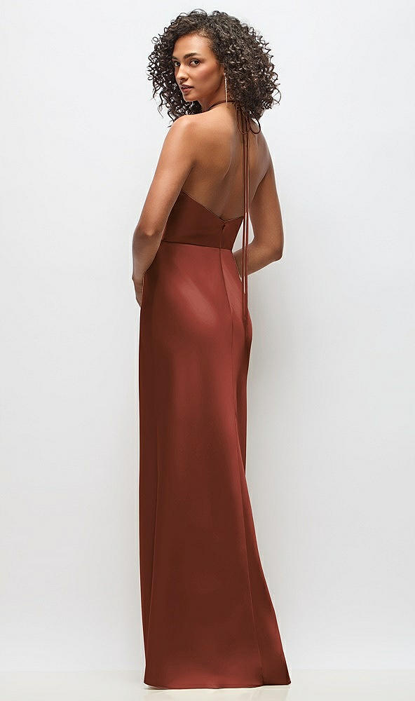 Back View - Auburn Moon High-Neck Halter Stretch Satin Maxi Dress with Bias A-line Skirt